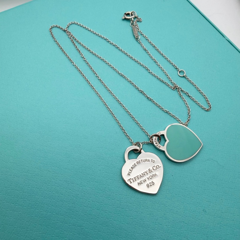 Tiffany & Co. 16-18” Adjustable Blue Enamel Double Rtt Small Hearts Necklace - Picture 5 of 9
